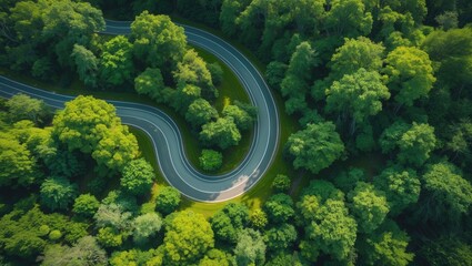 Aerial perspective of a roadway through a forest.