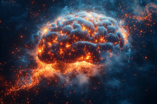 a digital art of a human brain connected to a network of glowing nodes,