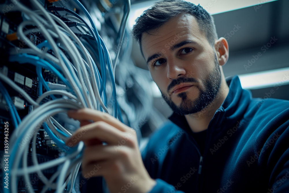 Poster man with beard holding network cables in server room looking at the camera with serious expression