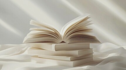 A realistic illustration of stacked books with an open book on top, crisp paper textures, even lighting, isolated on a seamless white background.  