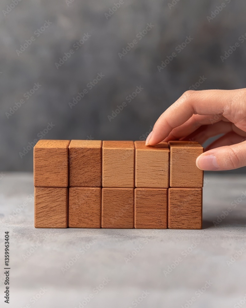 Poster a hand is positioning a wooden block within a geometric arrangement of cubes, showcasing a minimalis