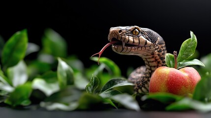 Close-up of a snake with its flicking tongue beside a red amidst lush green foliage deep in the shadows of a dark background of nature.