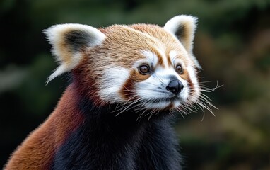 Close-up portrait of a red panda, its reddish-brown fur speckled with white, against a blurred green background. The animal's expression is calm and contemplative