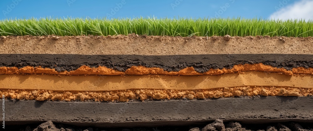 Poster a cross-section of soil displaying multiple layers and dried grass on the surface.