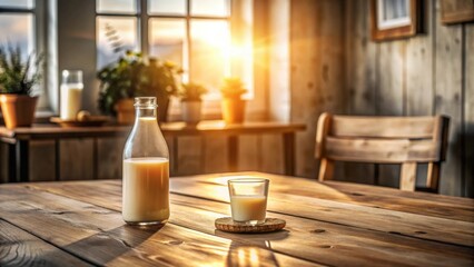 Fototapeta premium Rustic morning sunlight illuminates a glass bottle of creamy milk and a small glass of milk on a wooden table, creating a tranquil and peaceful atmosphere.