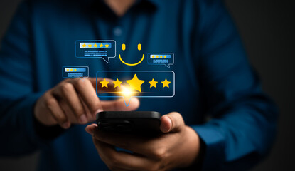 Customer satisfaction survey via smartphone with Five-Star rating, Customer use smartphone rate their service experience, Providing feedback online applications, Service quality, Business reputation.