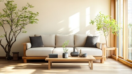 Sunlit minimalist living room with light beige sofa, dark grey throw pillows, low wooden coffee table, potted trees and small decorative plants displayed beautifully