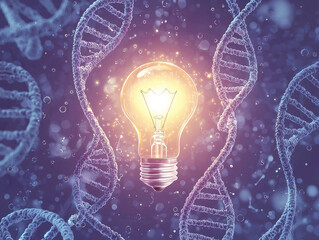 Glowing Light Bulb Surrounded by DNA Strands Symbolizing Ideas Breakthroughs in Genetic Research Discovery and Innovation in Science and Technology
