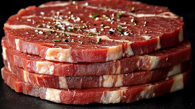 Stacked raw beef steaks seasoned on dark surface.  Possible use Food photography