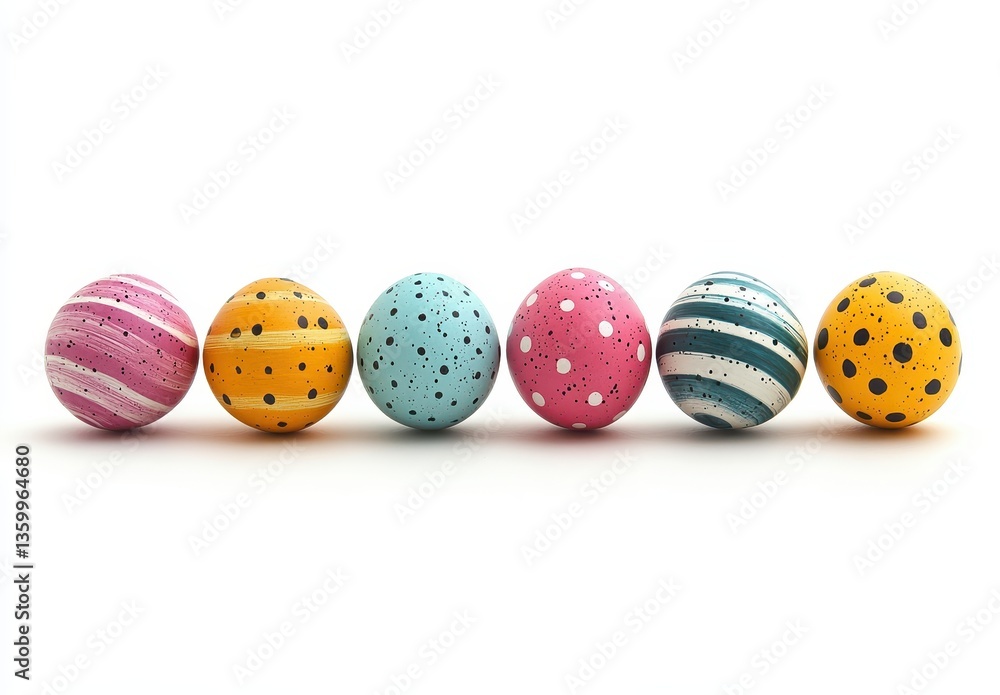 Poster colorful decorative easter eggs in various patterns displayed in a line against a white background f