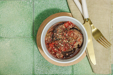 Fermented eggplants in a bowl. Healthy gut food, natural probiotic superfoods, organic pickles