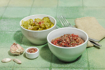 Fermented vegetables in a bowls. Healthy gut food, natural probiotic superfoods, organic pickles