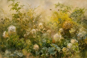 A soft and elegant floral background with muted golden hues and delicate blooming flowers, creating a dreamy and vintage aesthetic. Ideal for wedding invitations, wallpapers, and artistic decor.