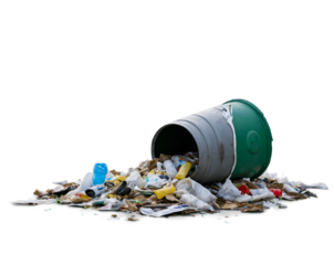 A Discarded Existence, An Overwhelmed Public Trash Can Spews Forth a Cascade of Discarded Items, Symbolizing Overconsumption and Environmental Neglect in Our Modern Society