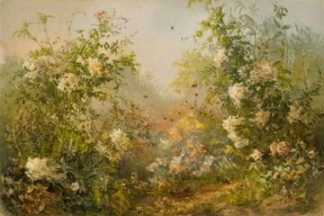 A soft and elegant floral background with muted golden hues and delicate blooming flowers, creating a dreamy and vintage aesthetic. Ideal for wedding invitations, wallpapers, and artistic decor.