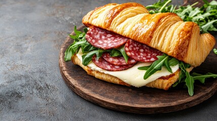 Delectable croissant sandwich with creamy cheese, thinly sliced salami, and fresh arugula served on rustic wooden board against dark background