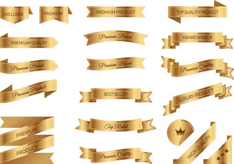 Collection of elegant and luxury gold ribbons and banners. Includes premium product labels, award winner badges and best-seller ribbons. Isolated vector illustration designs for branding and marketing
