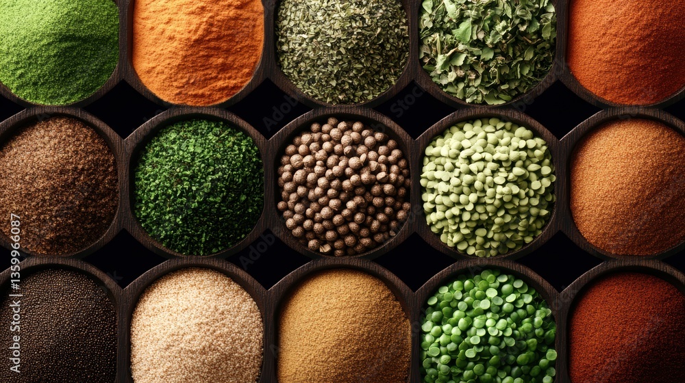 Aufkleber overhead close-up shot of colorful assortment of spices and herbs in small dark bowls creating a tex