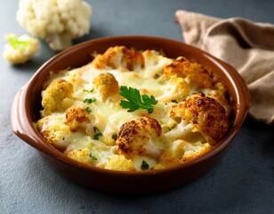 Savory cauliflower gratin, baked with creamy b&eacute;chamel sauce and melted cheese, perfectly balances health and taste in every bite. A comforting dish that's both nutritious and delicious.