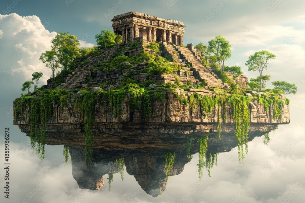 Poster ancient temple structure floating above lush greenery in a surreal landscape