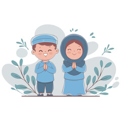 Cartoon Illustration of a Boy and Girl in Traditional Islamic Clothing on white background. Adorable Cartoon of a Muslim Boy and Girl in Traditional Eid Attire with Hands in Prayer Pose