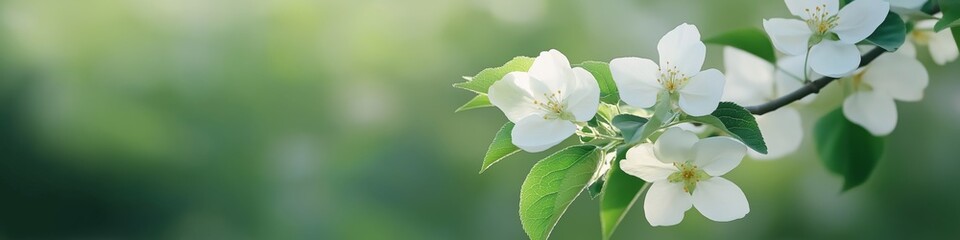 Fototapeta premium A white flower with green leaves is on a branch. The image has a peaceful and calming mood