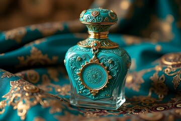 Ornate Perfume Bottle Decorative Teal Gold Detailing