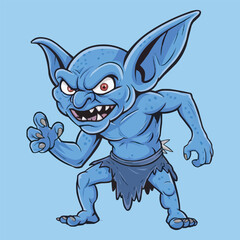 A goblin cartoon character sticker. Menacing Blue Goblin Monster Cartoon Illustration. Mythical Goblin Clipart. Cartoon Goblin with Sharp Teeth. Angry Troll Character for Fantasy & Gaming Designs