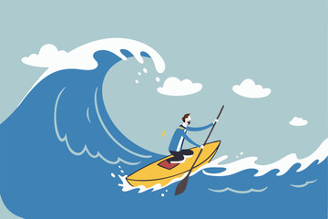 Escape from business crisis, recession or risk, adversity or challenge to survive danger, uncertainty or vulnerability, run away from trapped, hopeless concept, businessman escape from danger wave.