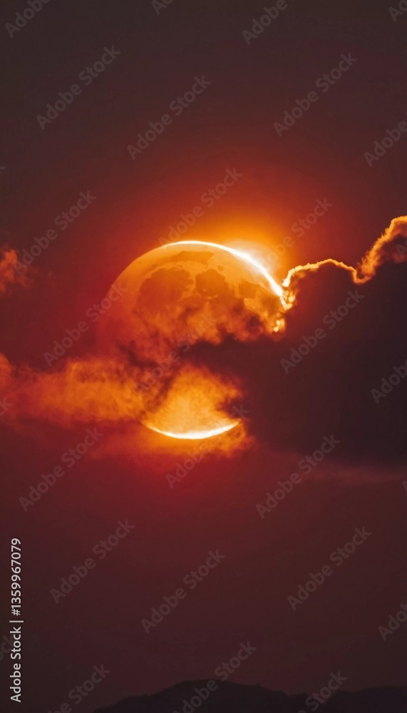 Aufkleber a striking celestial event unfolds as a red-glowing moon peeks through wispy clouds, casting an ench