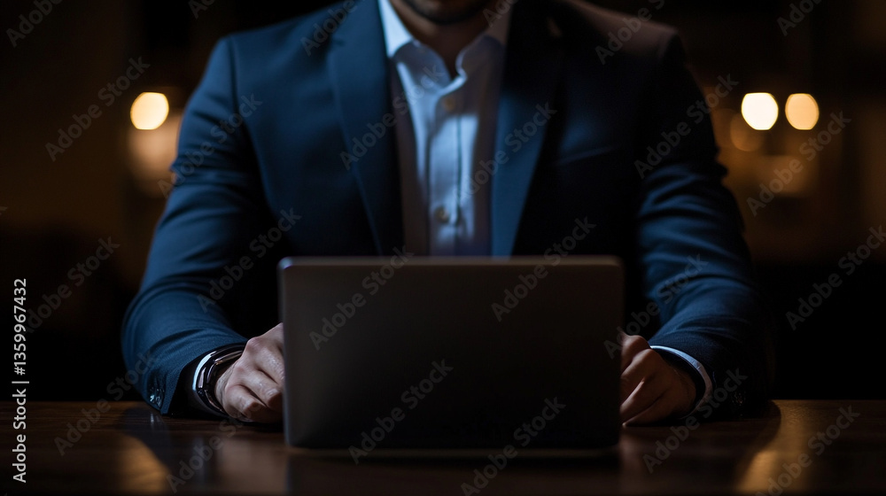 Poster man in suit using laptop at dark table with blurred lights in background focused on the computer
