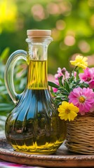 Fresh Olive Oil in Glass Decanter with Flowers