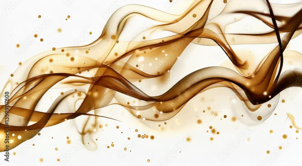 Poster abstract golden smoke waves with sparkling particles on a white background, elegant and dynamic desi