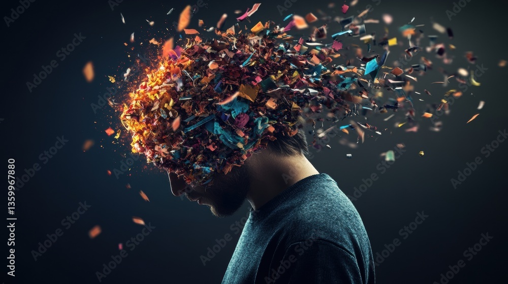 Poster colorful explosion from head of man symbolizing fragmented thoughts and mental overload in a stylize