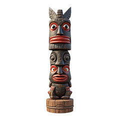 Dark-Brown Wooden Totem Pole with Carved Faces on Cylindrical Base