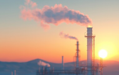 Industrial landscape at sunset.  Tall smokestacks release plumes of light pink smoke against a vibrant orange and pink sky. Mountains are visible in the background