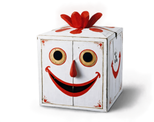 A Grotesque Jack-in-the-Box with a Sinister Grin, A Whimsical yet Disturbing Illustration of a Classic Toy Reimagined with a Dark and Unsettling Twist Creating a Sense of Unease