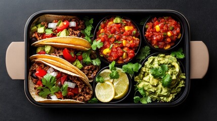 Overhead View of a Delicious Partitioned Food Carrier with Tacos, Salsa, Guacamole, Lime Wedges, and Fresh Cilantro for a Flavorful Meal Experience