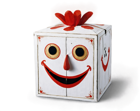 A Grotesque Jack-in-the-Box with a Sinister Grin, A Whimsical yet Disturbing Illustration of a Classic Toy Reimagined with a Dark and Unsettling Twist Creating a Sense of Unease