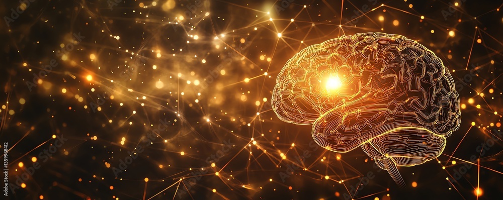 Poster a glowing microchip housing a human brain with illuminated neural pathways, visualizing the connecti