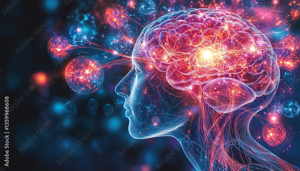 Poster a hightech depiction of a human brain with neural pathways glowing brightly inside a computer microc
