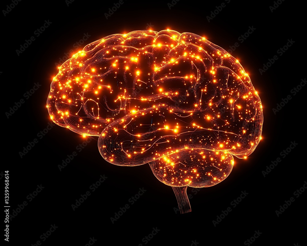 Poster a hightech depiction of a human brain with neural pathways glowing brightly inside a computer microc