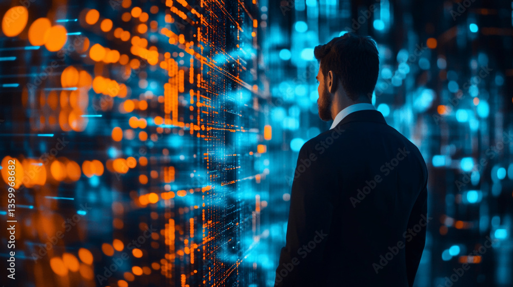 Poster man in suit standing before a digital display with orange and blue lights and network patterns