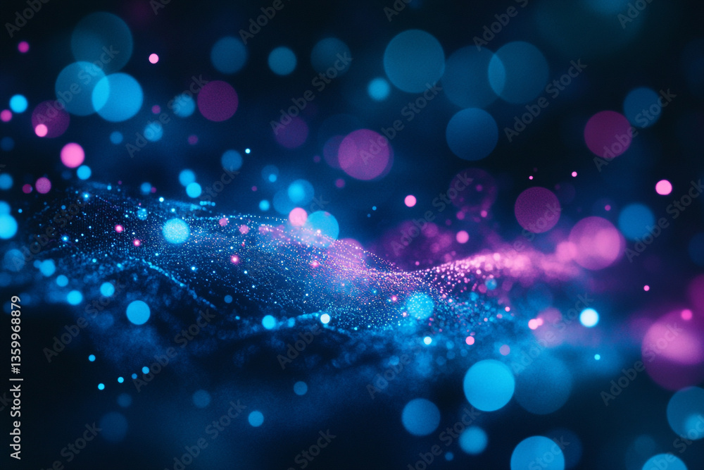 Poster abstract network with glowing blue and pink bokeh lights creating a digital landscape design