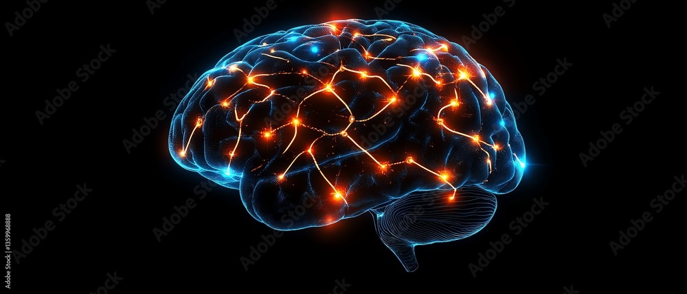 Poster a human brain with highlighted neural pathways placed inside a glowing computer microchip, symbolizi