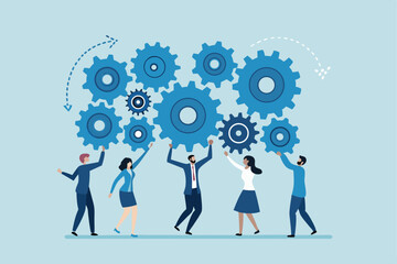 Employee engagement, teamwork collaboration or team strategy working together, partnership, community to help organization success concept, businessman colleagues help connect cogwheel gear together.