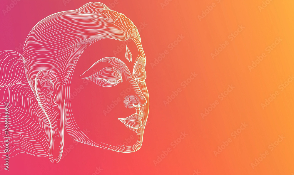 Poster abstract line art of a serene face on a gradient background blending pink and orange hues.