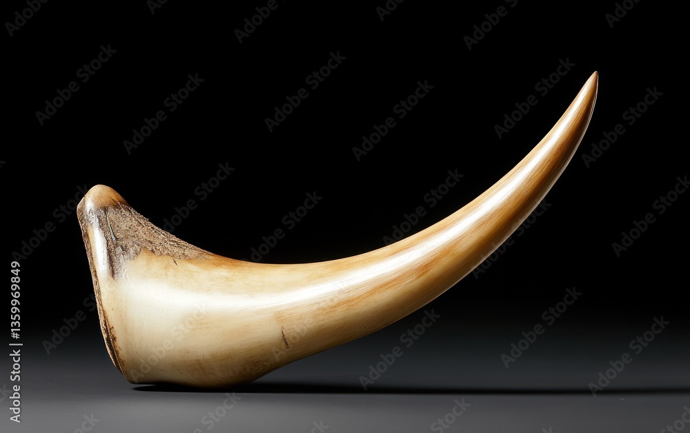 Poster close-up view of a curved, off-white bone artifact against a black background. the bone is smooth wi