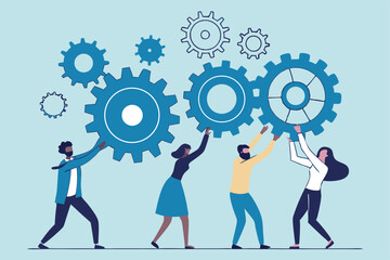 Employee engagement, teamwork collaboration or team strategy working together, partnership, community to help organization success concept, businessman colleagues help connect cogwheel gear together.