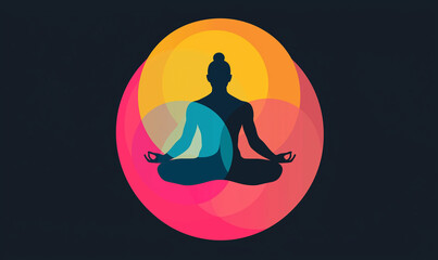 Meditative silhouette surrounded by colorful circles representing tranquility and balance.